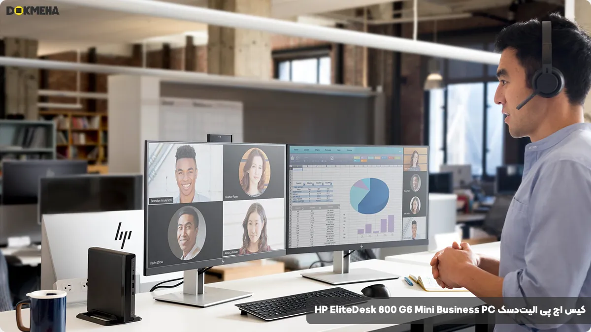 کیس اچ پی الیت‌دسک HP EliteDesk 800 G6 Mini PC در حال کار روی میز ایستاده